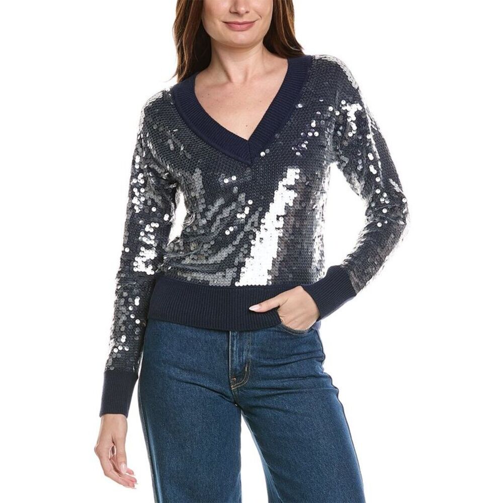 Milly Womens  Ilaria Sequin V-Neck Sweater, Navy